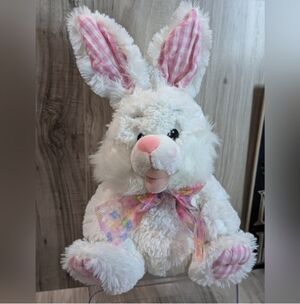 Easter Bunny Rabbit 15" White Plush Vintage Pastel Bow Pink Gingham